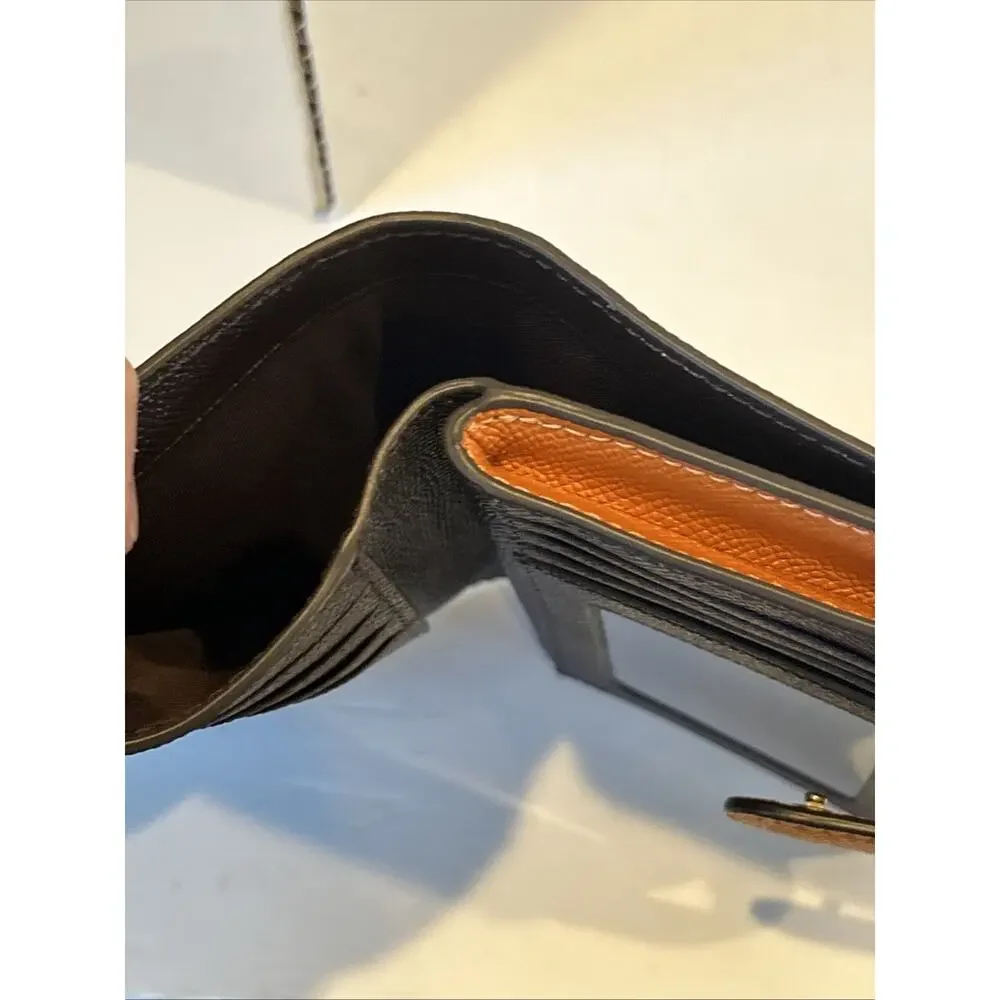 Coach Medium Bifold Snap Wallet Crossgrain Leather Corner Zip Orange ID Window